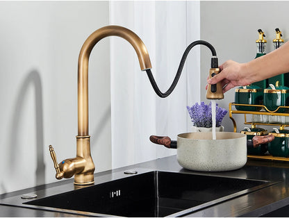 POIQIHY Antique Brass Kitchen Faucet Pull Out Bathroom Kitchen Mixers Single Handle Pull Down Cold Hot Water Tap Deck Mounted
