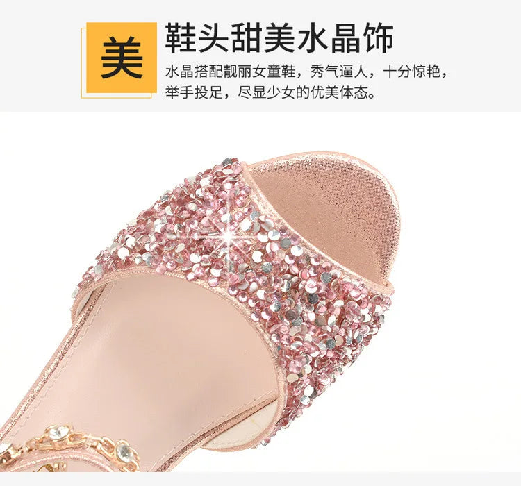 Girls Sandals Children Crystal Shoes 2023 Summer Kids Glitter Shoes High Heels Sequined Rhinestone Pendants Open Toes Princess.