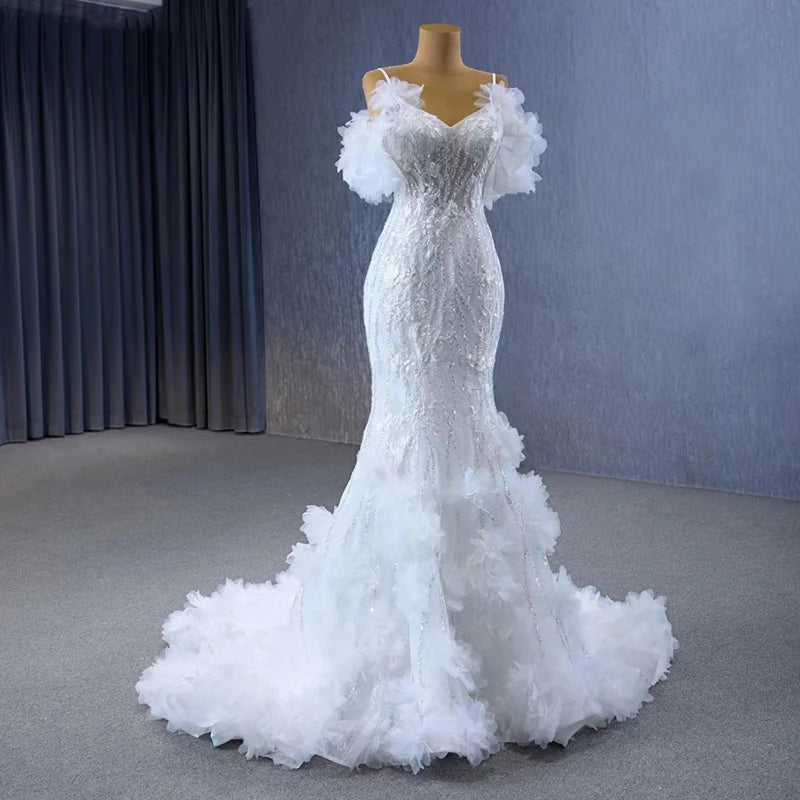 Jancember 231095 Feather Spaghetti Strap Beaded Mermaid Wedding Dresses.