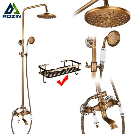 rozin Antique Brass Shower Faucet Set Bathroom Shower Column with Shelf Rainfall Hot Cold Water Mixer Tap Handhold Shower Faucet