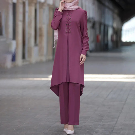 Muslim Women Long Tops Islamic Sets Women Muslim Pants Abaya Dubai 2020 Turkey Outfit Ramadan Prayer Clothes 2 Piece Set.