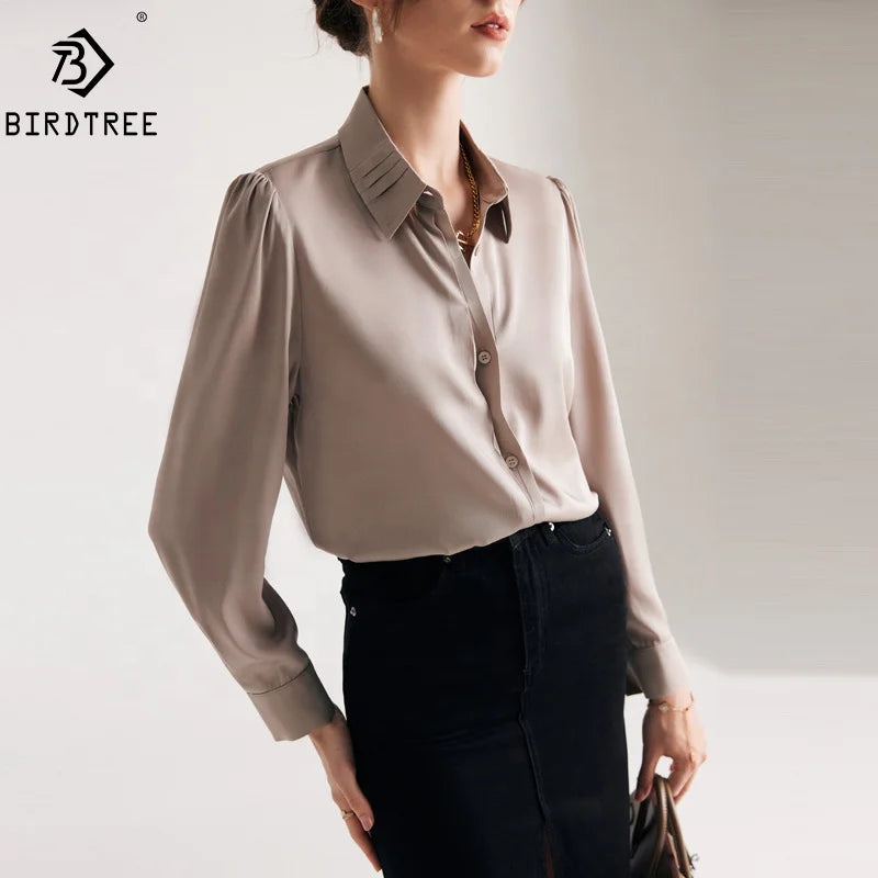 Birdtree 19Mm 90% Silk 10% Spandex Dress Shirts Women Turn Down Collars Pleated Tops Long Sleeve Office Blouses Autumn T36521JM.