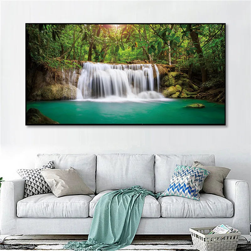 Prints Canvas Posters Home Decor Landscape Natural Waterfall Paintings Wall Art Scenery Picture Waterfall Modular Living Room.