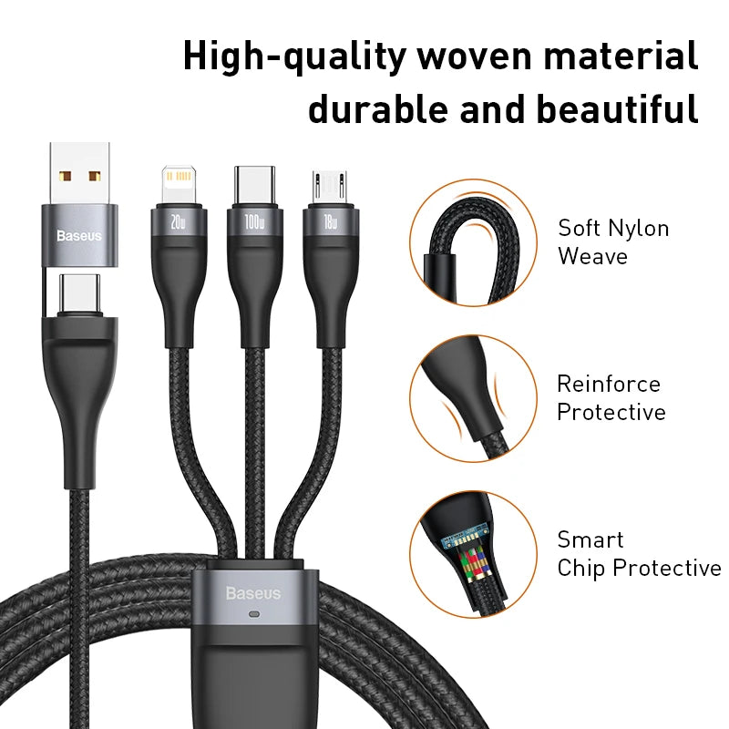 Baseus 3 in 1 USB Type C Cable for iPhone 15 14 13 12 Pro Charger Cable 100W Micro USB Type C Cable for Macbook Samsung Xiaomi.