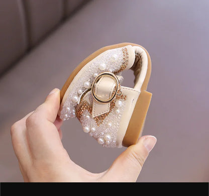 Girls Party Shoes Elegant Rhinestone Fashion Children's Leather Shoes Versatile Sweet Kids Princess Wedding Dress Flats Sandals.