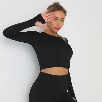 Seamless Athletic Crop Top Woman Sports T-shirts Yoga Top Knitted Shirt Long Sleeve Workout Tops For Women Fashion Gym Clothes