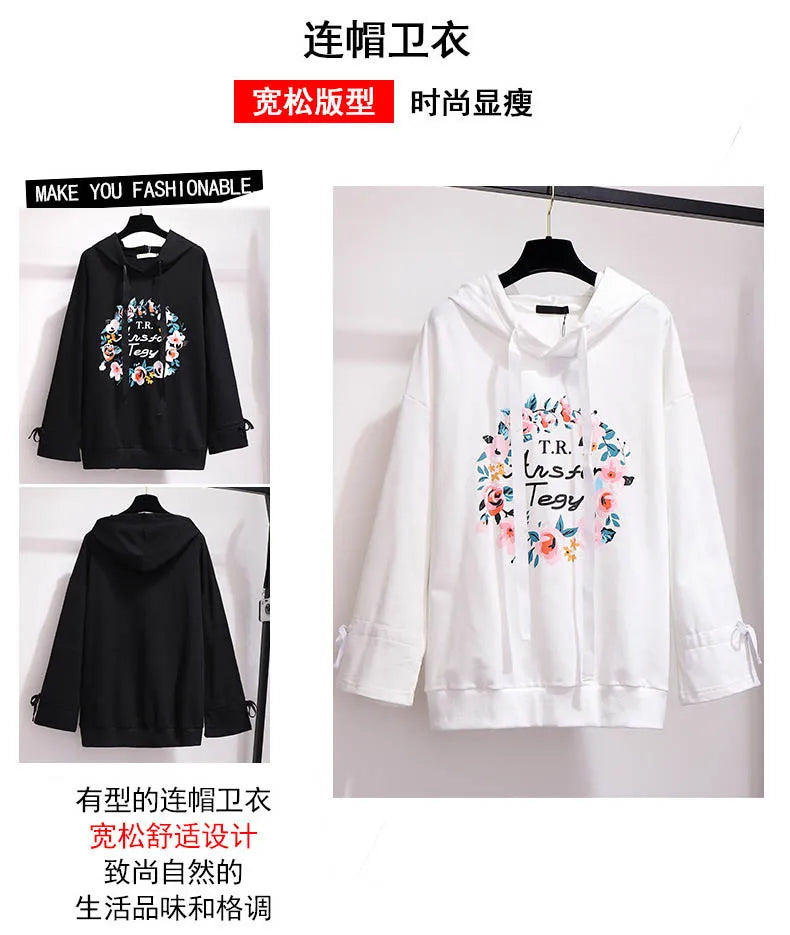150Kg Plus Größe frauen Frühling Herbst Mit Kapuze Gedruckt Sweatshirt Büste 155cm 6XL 7XL 8XL 9XL 10XL Lange-ärmeln Top Schwarz Weiß