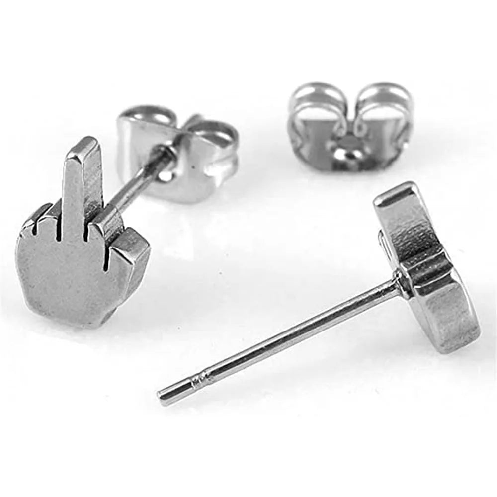 2Pcs Stainless Steel Black Middle Finger Up Women Men Ear Jewelry Studs Earring Punk Cool Gold Silver Plated.