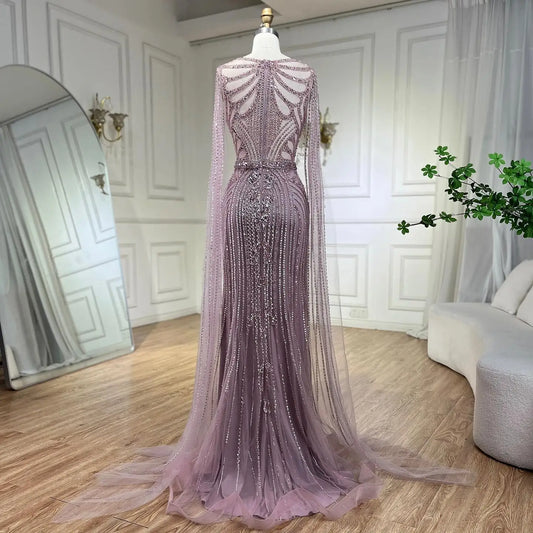 Taupe Cape Sleeves O Neck Beaded Evening Dresses Serene Hill LA70638 Mermaid Party Wear Gowns for Women