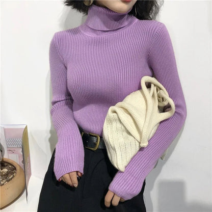 2025 herbst Winter Dicken Pullover Frauen Gestrickte Rippen Pullover Pullover Langarm Rollkragen Schlank Jumper Weiche Warme Pull Femme