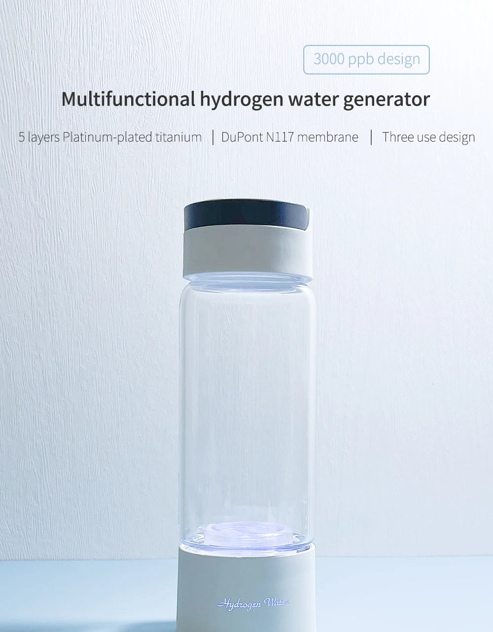 Max 3000ppb Hydrogen Rich Water Generator- 3 in 1 use(Breath with tube) DuPont SPE+PEM Dual Chamber H2 electrolysis Water Bottle.