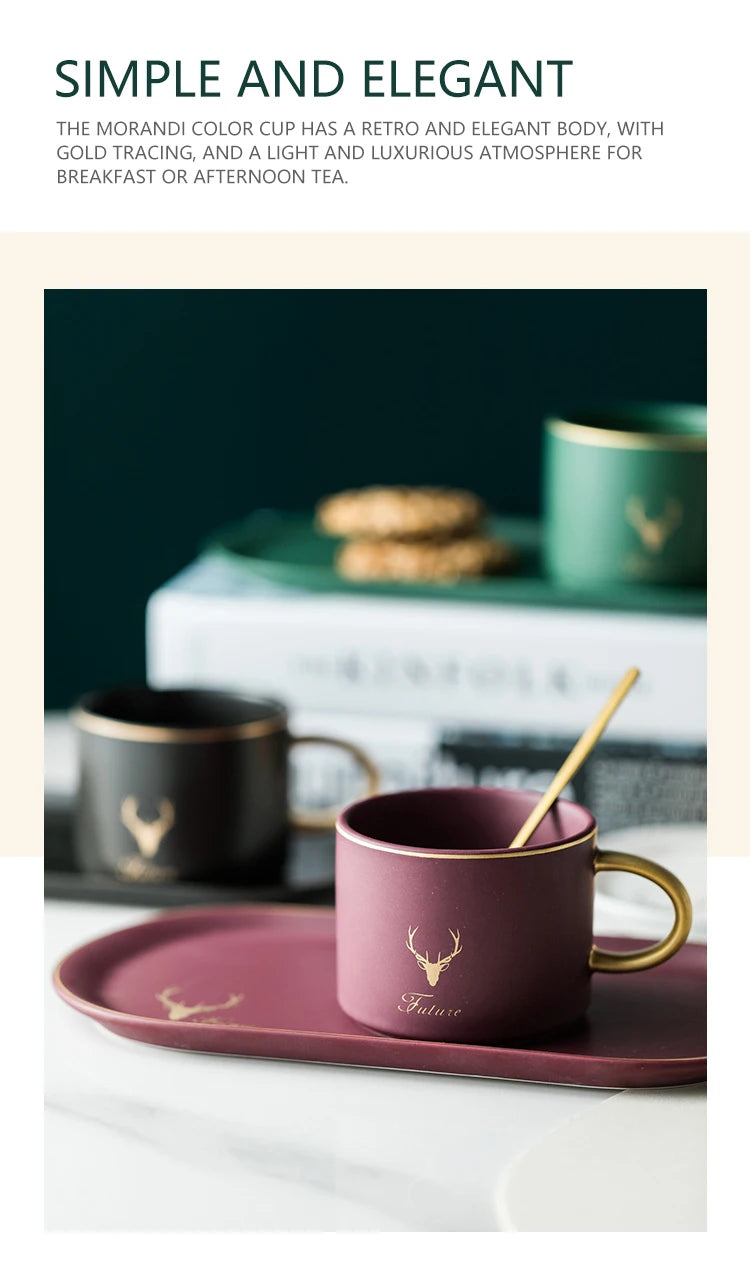 European Luxurious Gold Rim Ceramics Coffee Cups And Saucers Spoon Sets With Gift Box Tea Soy Milk Breakfast Mugs Dessert Plate.