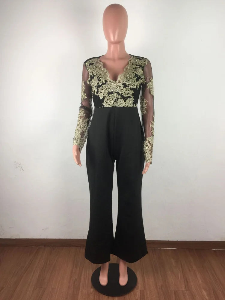 Wide Leg Casual Overalls Sexy Women V-Neck Elegant Lace Straight Party Jumpsuit Romper.