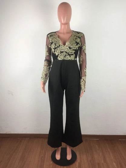 Wide Leg Casual Overalls Sexy Women V-Neck Elegant Lace Straight Party Jumpsuit Romper.