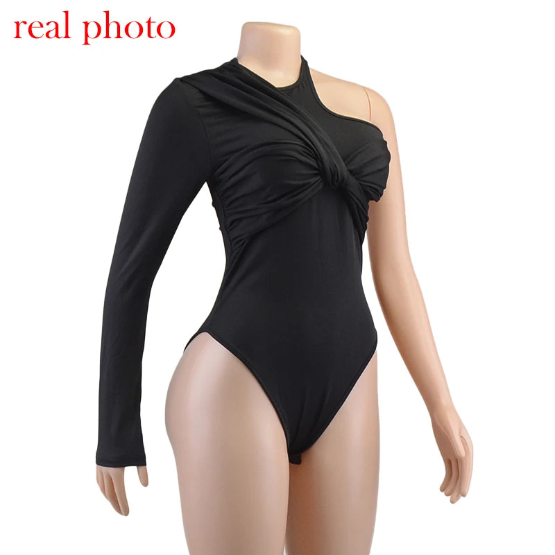 Cryptographic One Shoulder Sexy Backless Twist Bodysuits Women Long Sleeve Top Slim High Waist Bodysuit Club Party Streetwear.