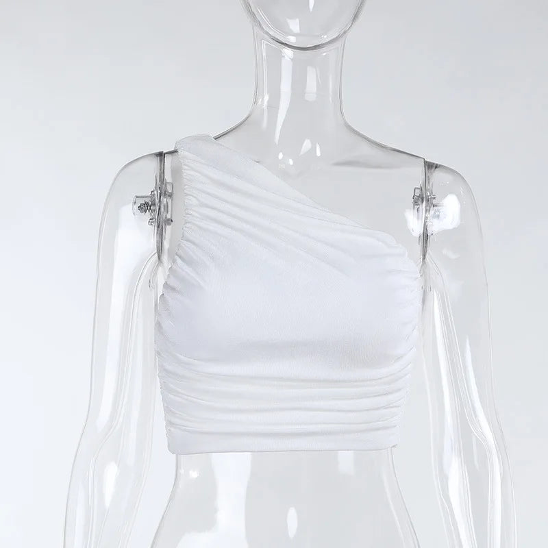 White Tank Top For Women Ruched One Shoulder Crop Top Female Elegant Summer Tops Holiday Beach Cami Top Y2K 2000s.