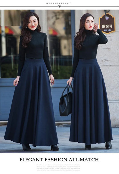 FairyShely Vintage Pleated Long Skirt Women 2025 Autumn Winter Woolen High Waist Black Skirts Female Flare Pocket.