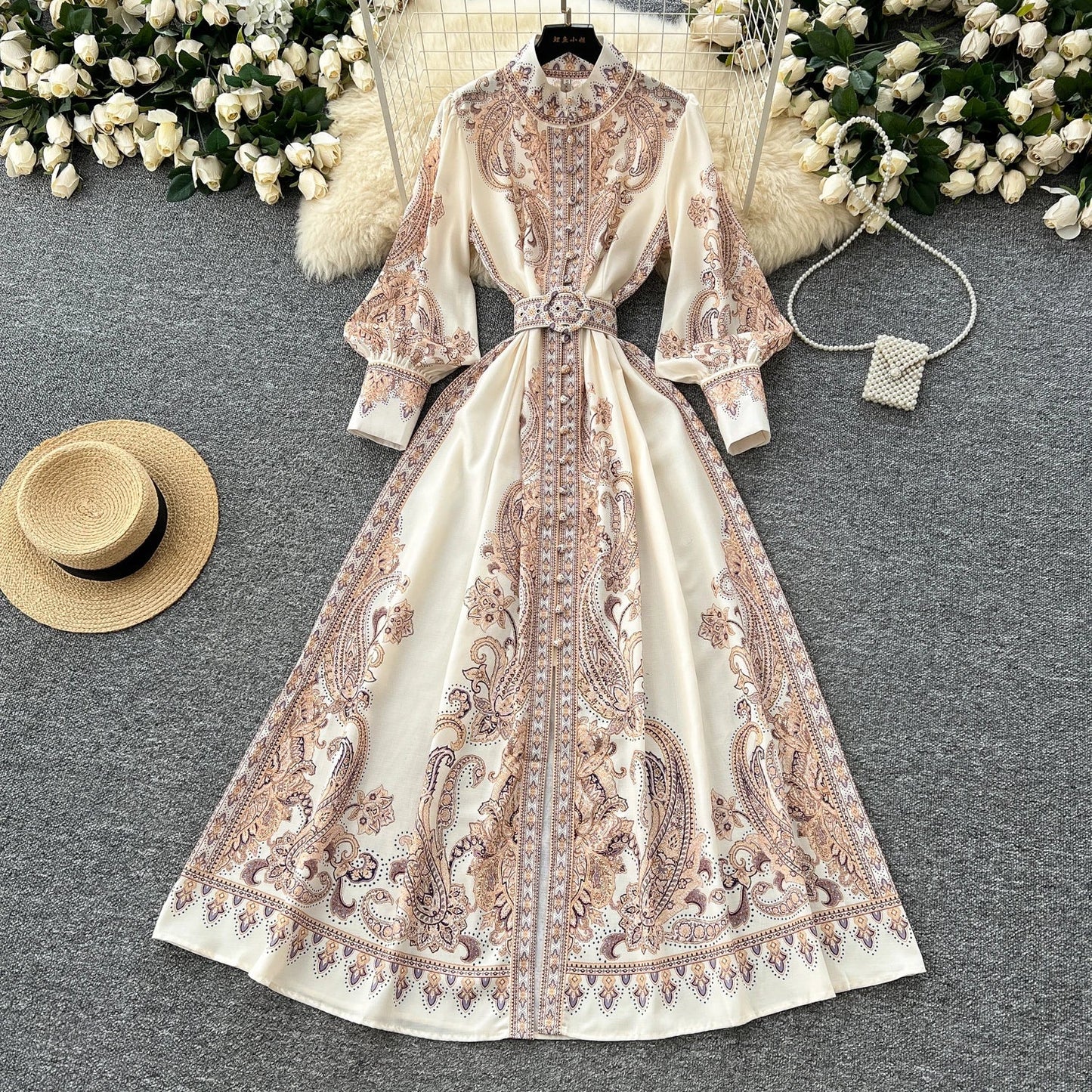 2025 Spring Vintage Stand Collar Tunic Casual Midi Dress For Women Lantern Sleeve Empire Printed Lace Dress.