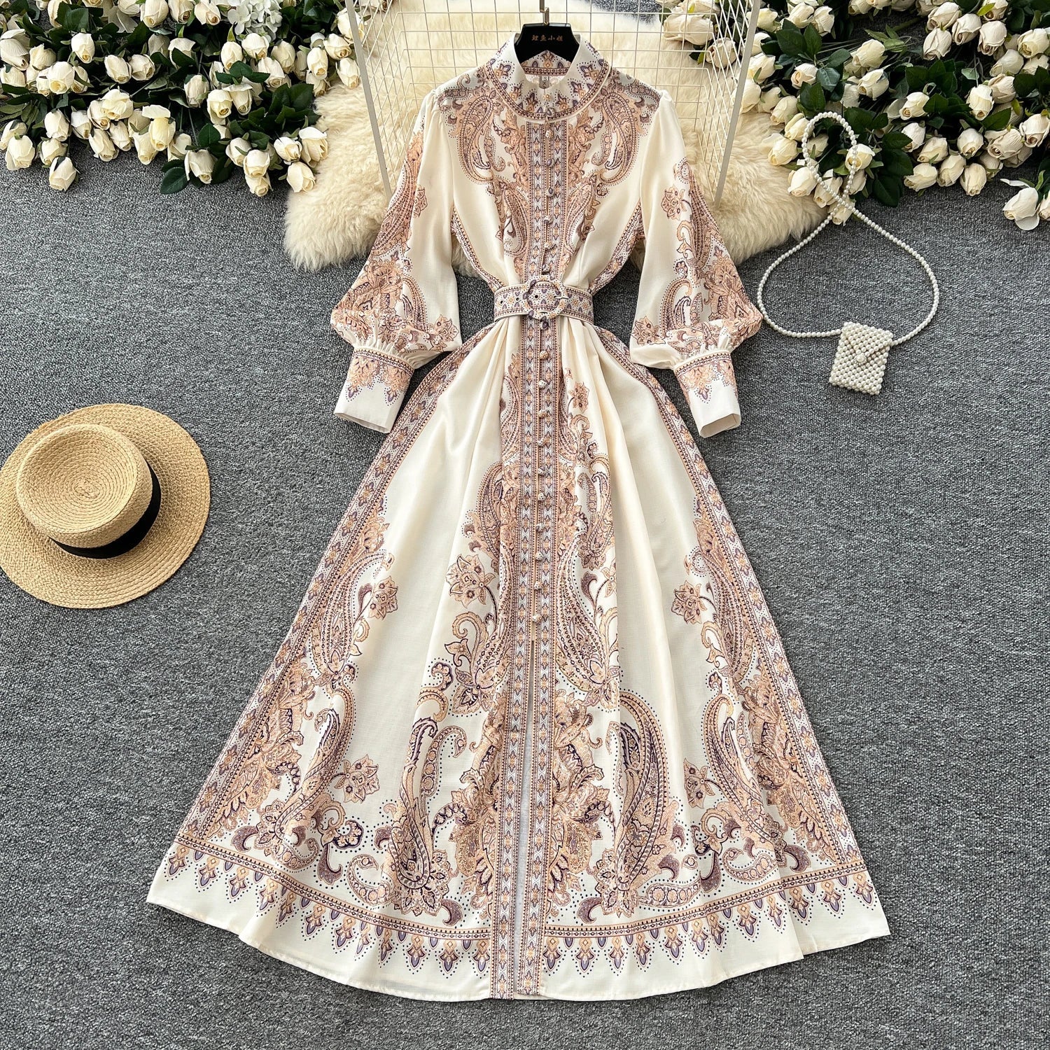 2025 Spring Vintage Stand Collar Tunic Casual Midi Dress For Women Lantern Sleeve Empire Printed Lace Dress.