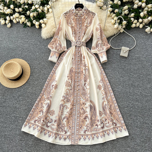 2025 Spring Vintage Stand Collar Tunic Casual Midi Dress For Women Lantern Sleeve Empire Printed Lace Dress