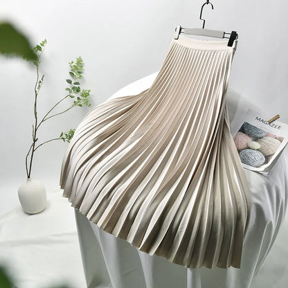 Brand Designer Women Spring Autumn Elegant Chic Solid Pleated Skirt High Waist Luxury Fashion With Elastic Female C-035.