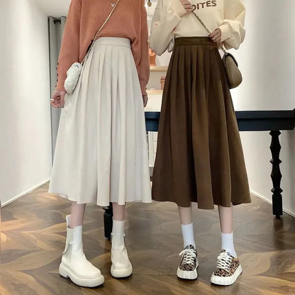 Lucyever Vintage Brown High Waist Pleated Skirt Women Korean Fashion College Style Long Skirt Ladies Autumn Casual A line Skirts.