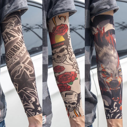 3PCS/lot new mixed 100%Nylon elastic Fake temporary tattoo sleeve skull wolf totem dragon designs body Arm stockings cool men.