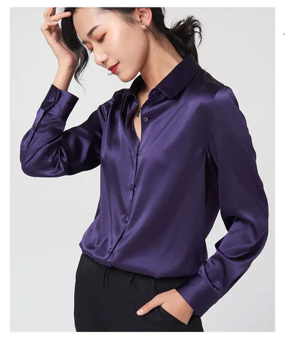 Woman Silk Shirt Long-sleeved Satin Women Blouse 19mm Mulberry Silk Blouse Loose Versatile Base Shirt 95% Natural Silk+5%Spandex