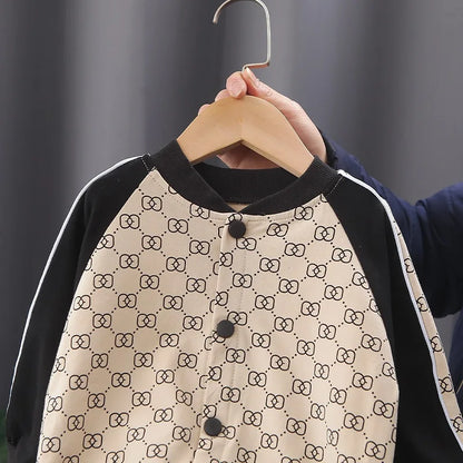 2022 Spring New Suit Boys Girls Baby Print Handsome Single-Breasted Children's Long-Sleeved Baseball Sshirt 2-Piece Set.