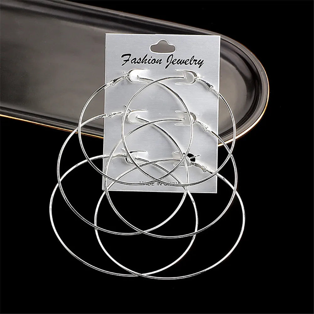 3pair/set Punk Hoop Earrings Set Big Circle Earrings Jewelry For Women Girls Steampunk Ear Clip Fashion Ear Ring Accessories New.