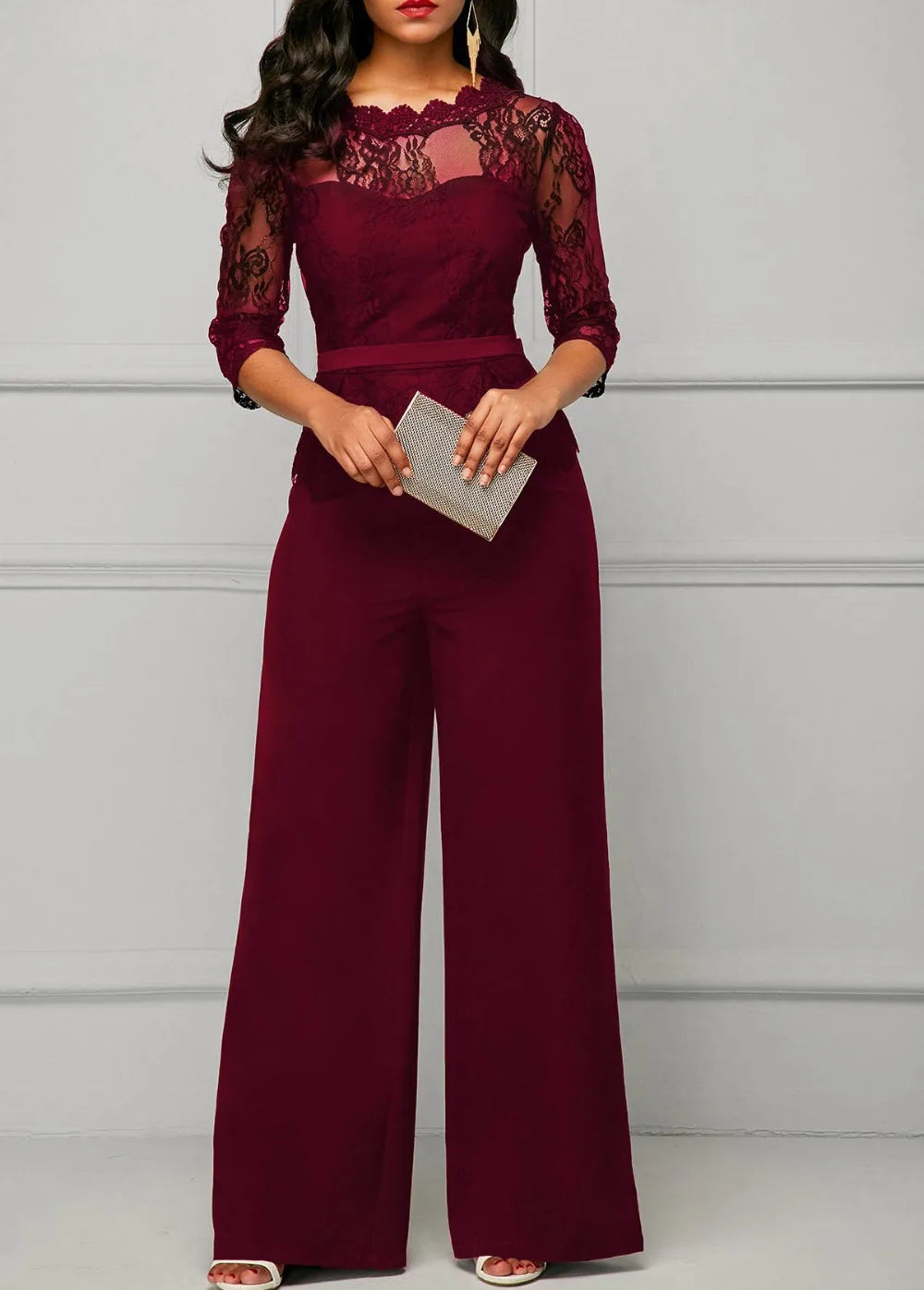 Elegant Sexy Jumpsuits Women Long Sleeve Lace Patchwork Jumpsuit Loose Trousers Wide Leg Pants Rompers Holiday Black Overalls.