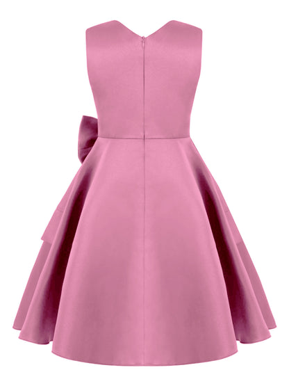 Mädchen Sommer ärmelloses Prinzessinnenkleid Elegantes Satin Hochzeit Brautjungfer Partykleid Große Schleife A-Linie Tutu für Geburtstagsabend.