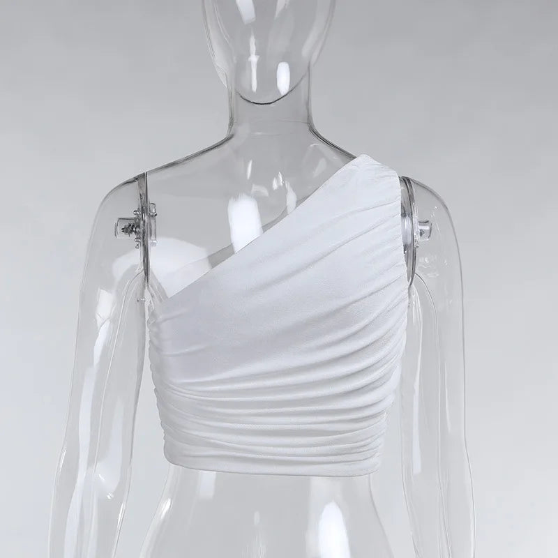White Tank Top For Women Ruched One Shoulder Crop Top Female Elegant Summer Tops Holiday Beach Cami Top Y2K 2000s.