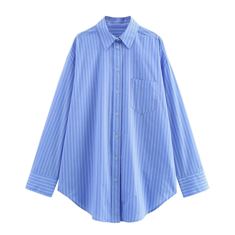 ZATRHMBM women's clothing 2025 new fashion striped loose shirt retro lapel long-sleeved casual female tops.