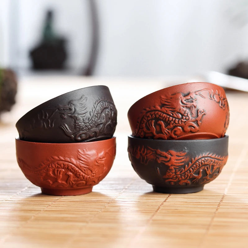 Handmade Dragon Ceramic Tea Cup, Purple Clay Cup, Kungfu Teaset, Small and Large, Tea Accessories, 6 PCs/Pack.