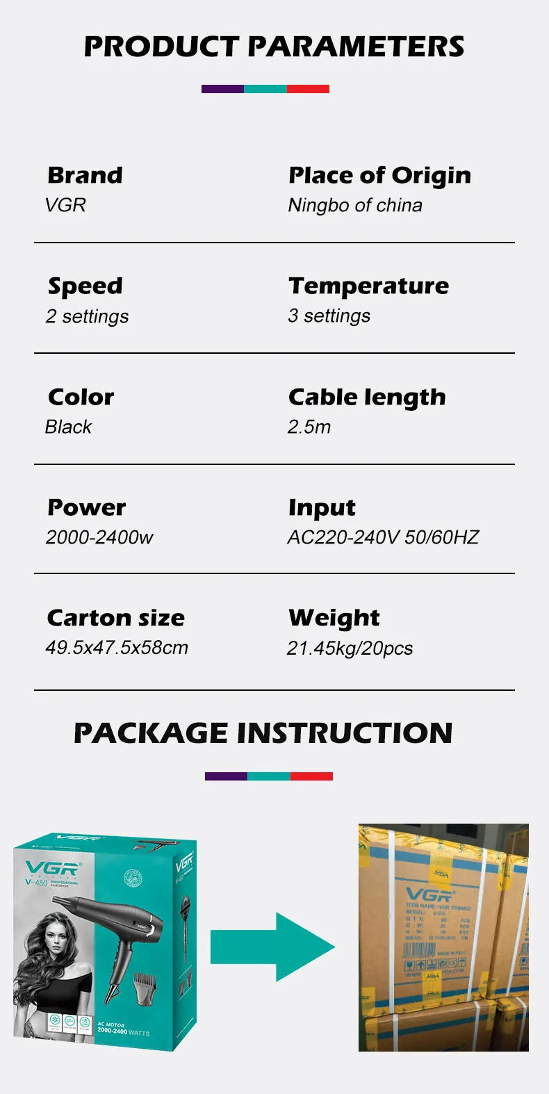 VGR professional multi gear adjustable hair dryer hair salon household high-power distributed air nozzle cold hair dryer V-450.