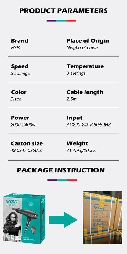 VGR professional multi gear adjustable hair dryer hair salon household high-power distributed air nozzle cold hair dryer V-450.