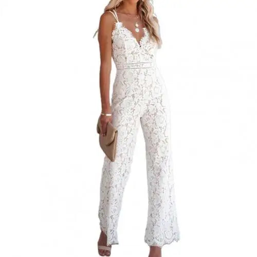Solid Lace Jumpsuits Women Sleeveless Romper High Waist V-Neck Wide Leg Playsuits and Jumpsuit Women bodysuit Combinaison femme