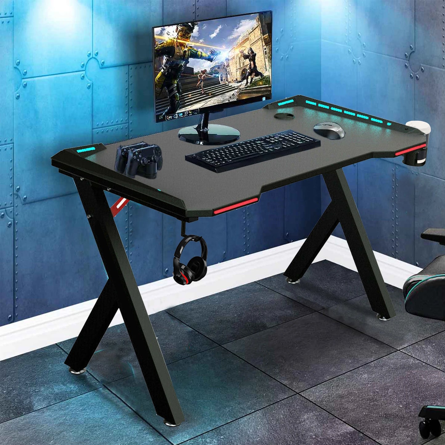 Gaming Schreibtisch PC Computer Gamer Schreibtisch Ergonomische Workstation mit RGB Led-leuchten Kopfhörer Haken Tasse Halter für Home Büros