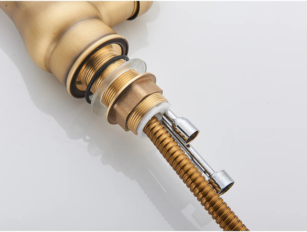 POIQIHY Antique Brass Kitchen Faucet Pull Out Bathroom Kitchen Mixers Single Handle Pull Down Cold Hot Water Tap Deck Mounted