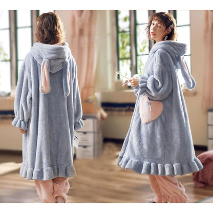 Winter Flannel Pajamas Set For Women Animal Thick Warm Sleepwear Hooded Nightgown With Pants Loose Pyjamas Suit Homewear Clothes.