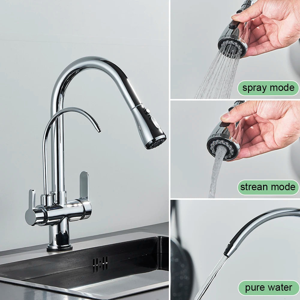 Antique Kitchen Sink Pure Faucet Pull Out Spout Hot Cold Mixer Taps Deck Mount Hot Cold Mixer Taps Purification Kitchen Crane