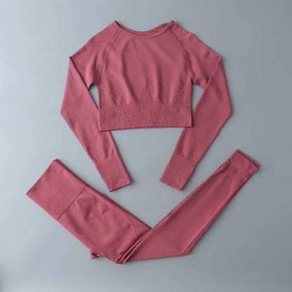 High Waist Elastic Seamless Yoga Wear Women Fitness Clothes Gym Clothing Workout Set Long Sleeve Crop Top Leggings Sports Suit