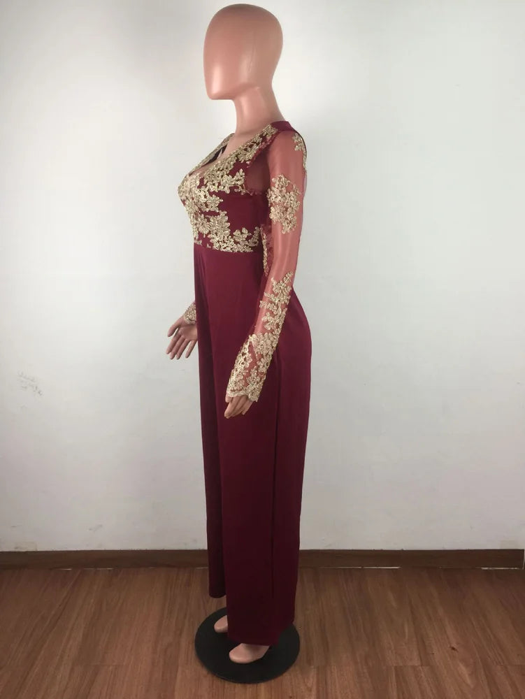 Wide Leg Casual Overalls Sexy Women V-Neck Elegant Lace Straight Party Jumpsuit Romper.