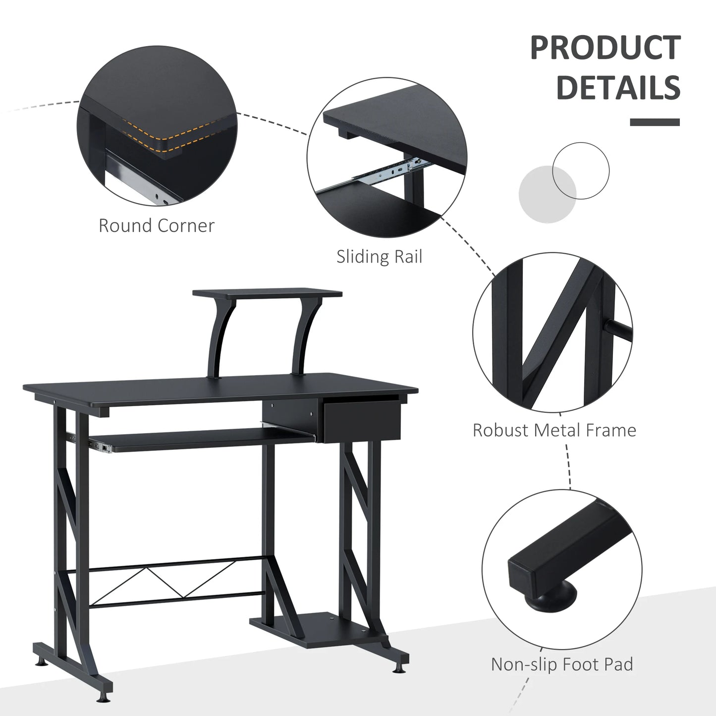 HOMCOM Computertisch, Schubladenablage, Tastaturunterstützung, CPU-Lautsprecher, 90 x 50 x 100 cm