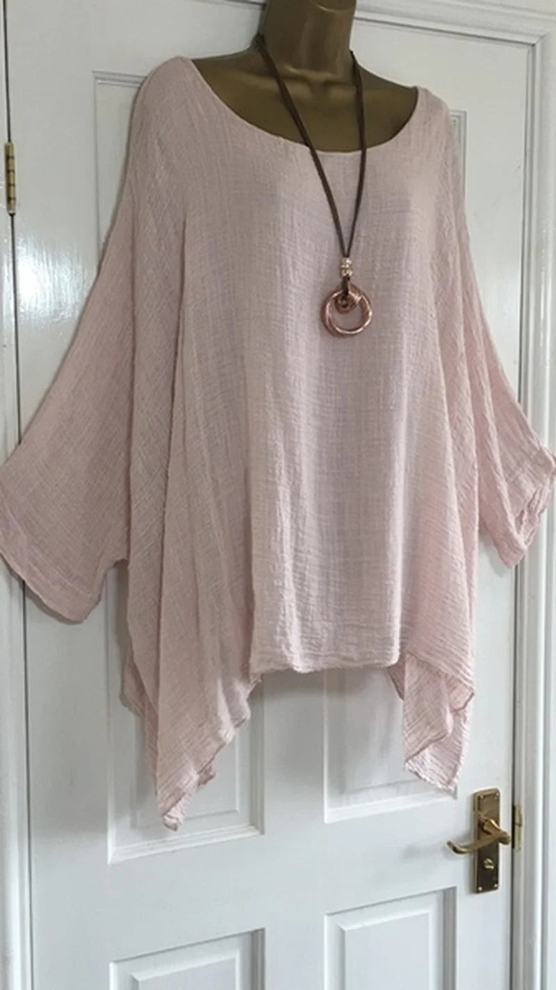 Autumn Fashion Batwing Sleeve Solid Color Loose O-neck 3/4 Sleeve Casual Blouse Top for Women.