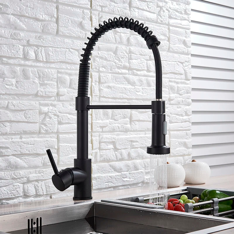 Spring Brushed Nickel Kitchen Faucet Deck Mounted Mixer Tap 360 Degree Rotation Stream Sprayer Nozzle Kitchen Sink Hot Cold Taps