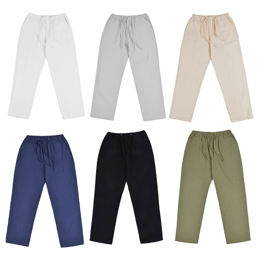 Men's Cotton Linen Long Pants Summer Solid Color Breathable Linen Trousers Male Casual Elastic Waist Casual Pants Harajuku Trous.