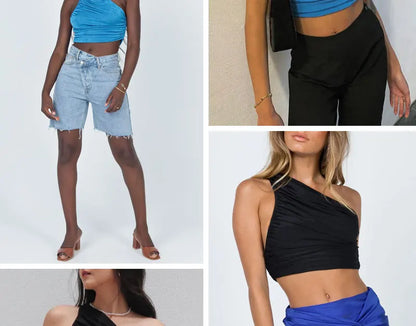 White Tank Top For Women Ruched One Shoulder Crop Top Female Elegant Summer Tops Holiday Beach Cami Top Y2K 2000s