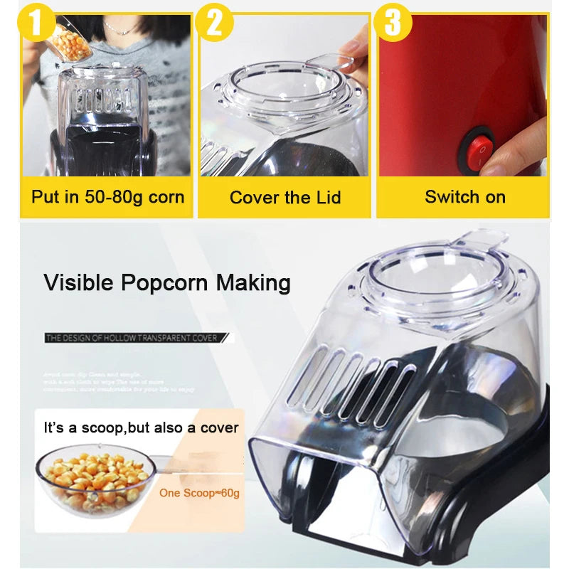 Oil-free air Corn machine,Pipoqueir eletrica hot air machine Mini Popcorn maker machine-1200W Household Healthy home kitchen.